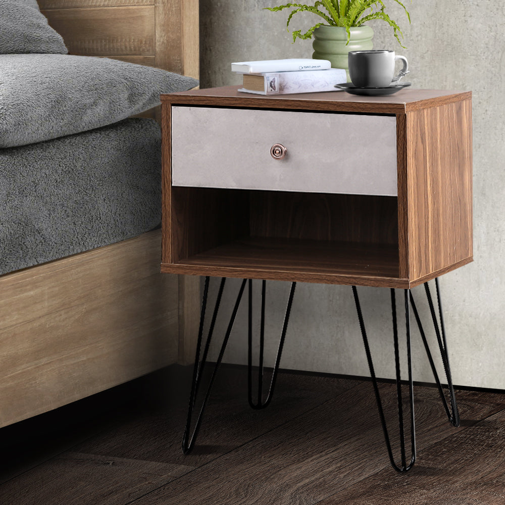 Artiss Bedside Table with Drawer - Grey &amp; Walnut