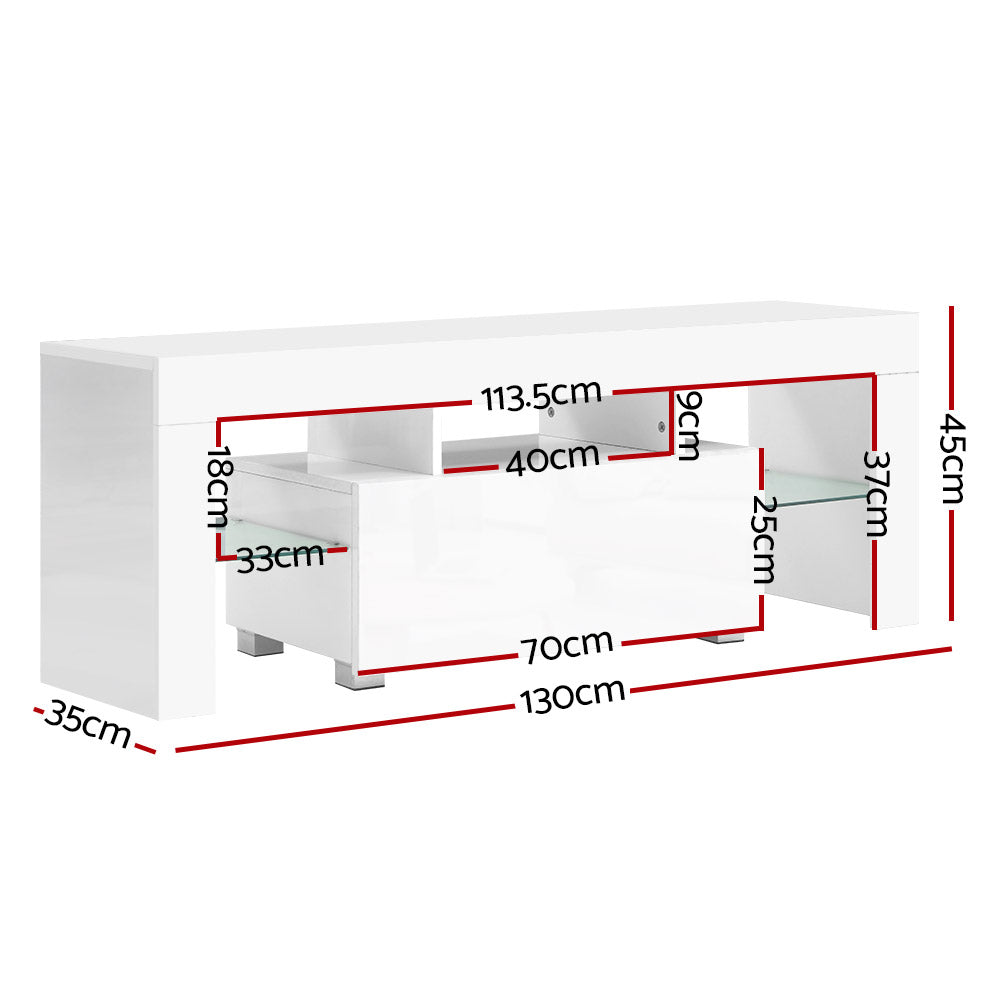 Artiss 130cm RGB LED TV Stand Cabinet Entertainment Unit Gloss Furniture Drawer Tempered Glass Shelf White