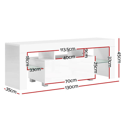 Artiss 130cm RGB LED TV Stand Cabinet Entertainment Unit Gloss Furniture Drawer Tempered Glass Shelf White