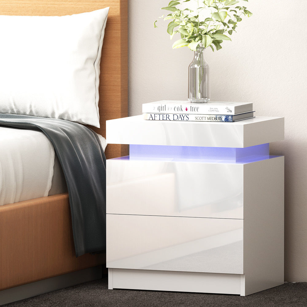 Artiss Bedside Tables Side Table Drawers RGB LED High Gloss Nightstand White