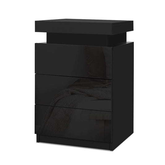 Artiss Bedside Tables Side Table 3 Drawers RGB LED High Gloss Nightstand Black