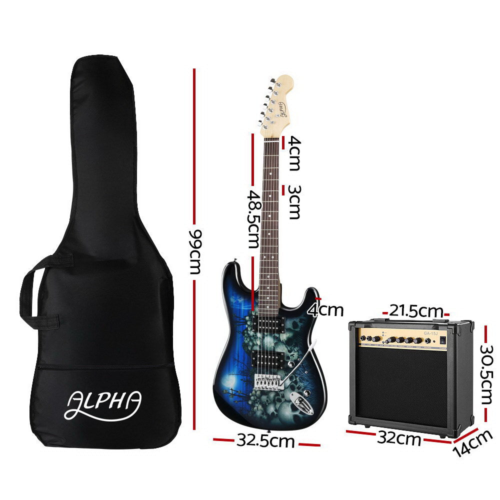 Alpha Electric Guitar And AMP Music String Instrument Rock Blue Carry Bag Steel String