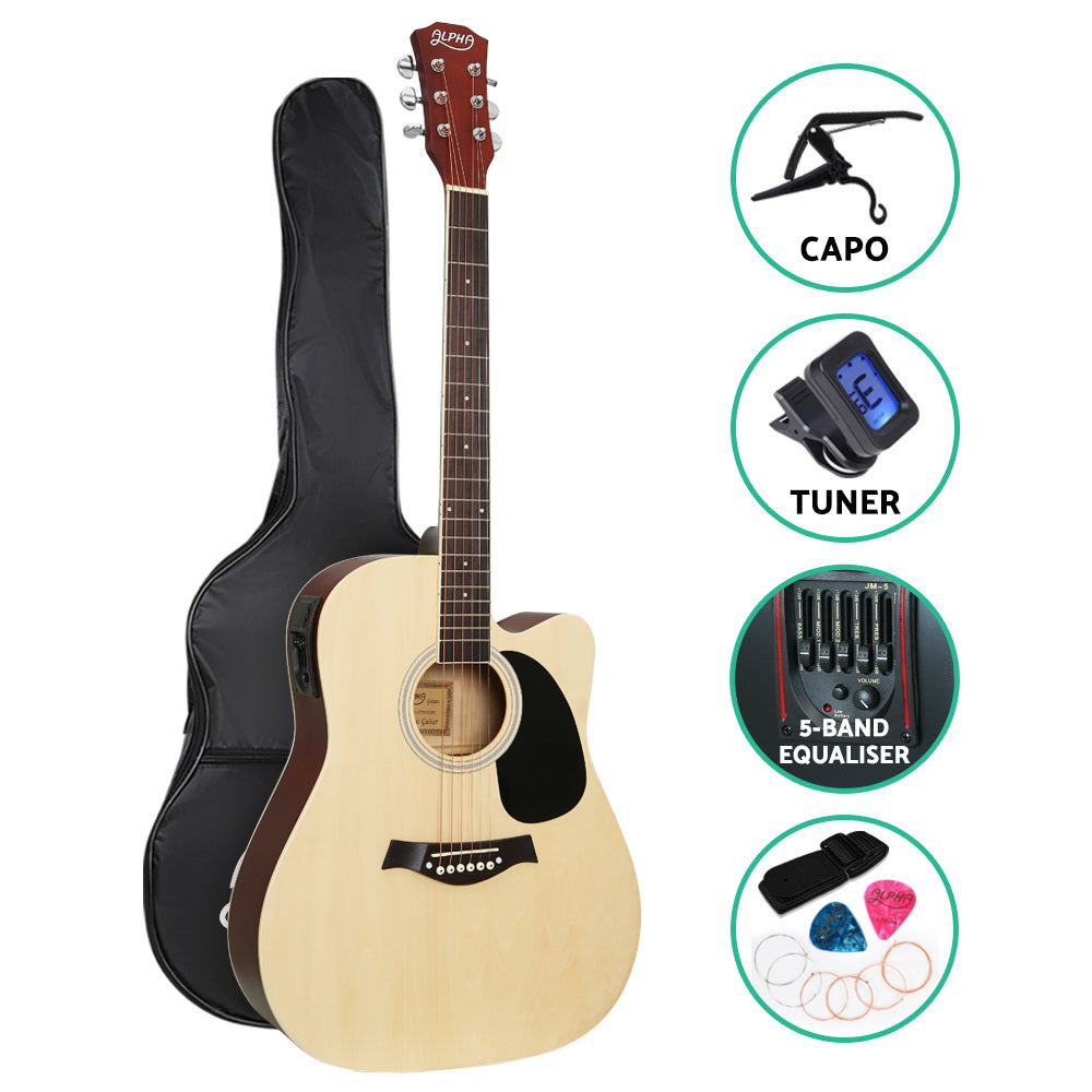 Alpha 41" Inch Electric Acoustic Guitar Wooden Classical with Pickup Capo Tuner Bass Natural