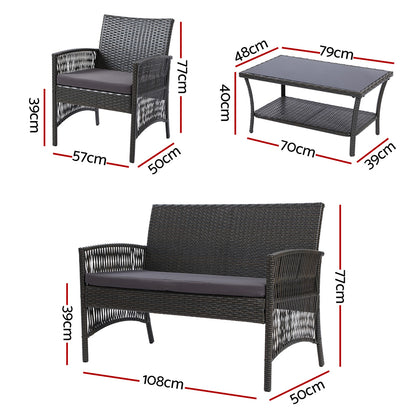 Gardeon 4 PCS Outdoor Furniture Lounge Setting Wicker Dining Set Grey