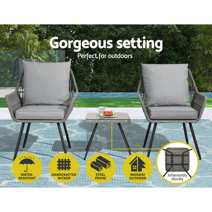 Gardeon Outdoor Furniture 3-Piece Lounge Setting Chairs Table Bistro Set Patio