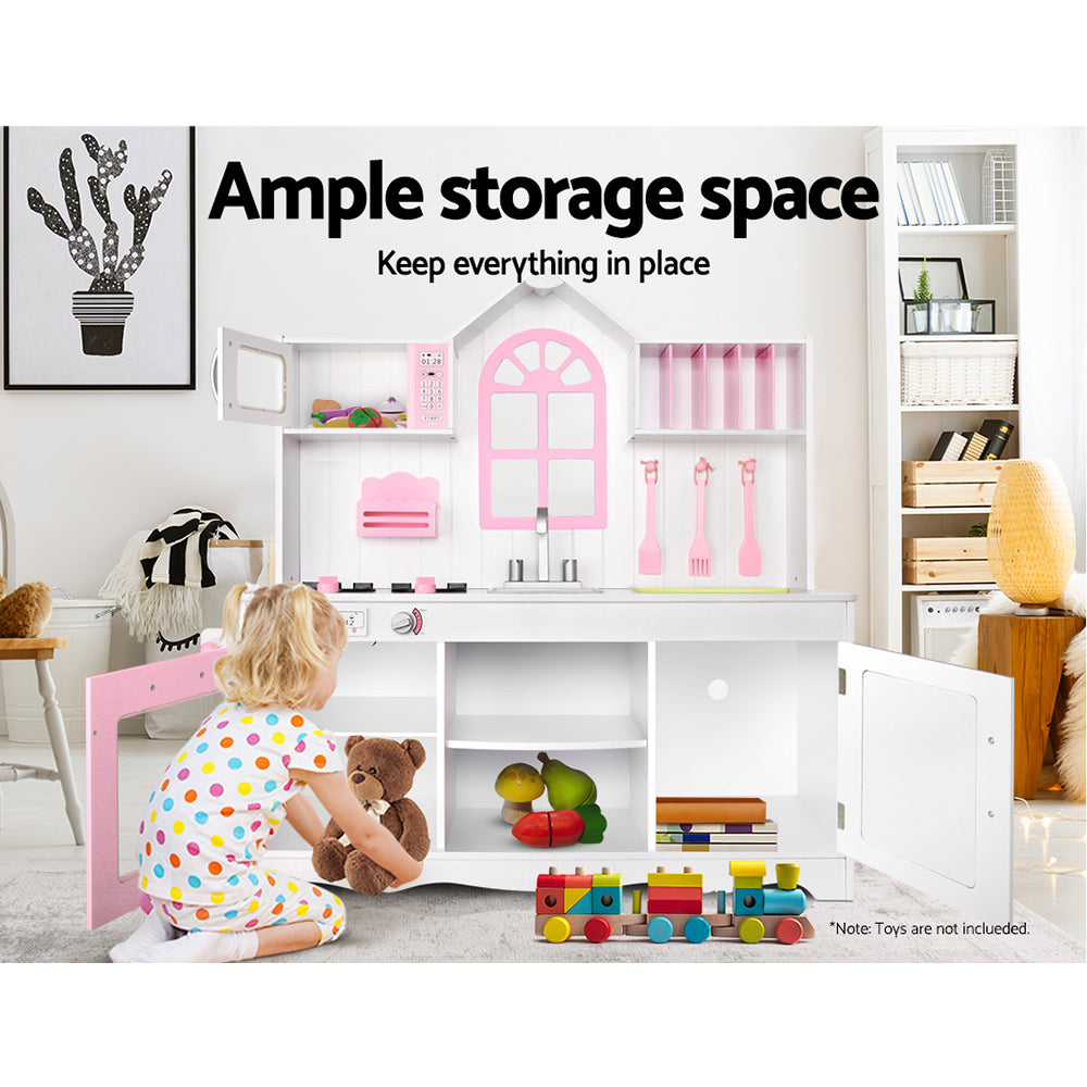 Keezi Kids Wooden Kitchen Play Set - White &amp; Pink