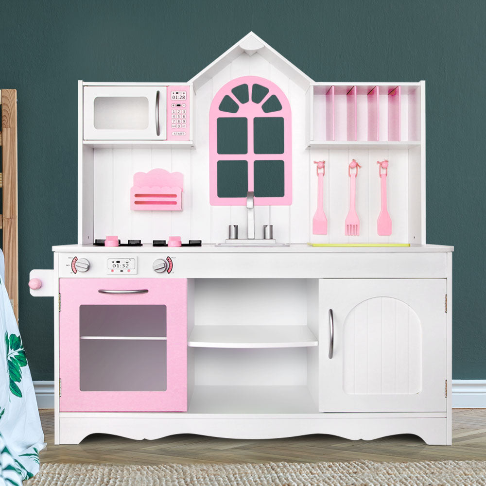 Keezi Kids Wooden Kitchen Play Set - White &amp; Pink