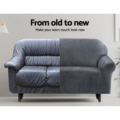 Artiss Velvet Sofa Cover Plush Couch Cover Lounge Slipcover 2 Seater Grey
