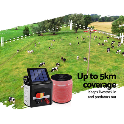 Giantz Electric Fence Energiser 5km Solar Powered 0.15j Set+ 1200m Tape