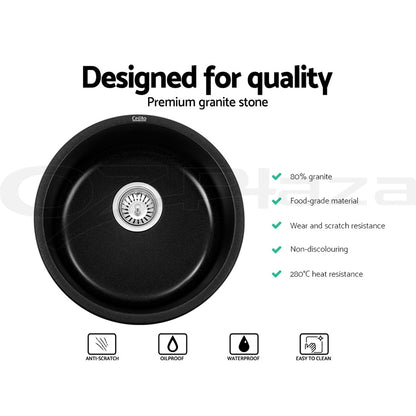 Cefito Stone Kitchen Sink Round 430MM Granite Under/Topmount Basin Bowl Laundry Black