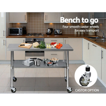 Cefito 304 Stainless Steel Kitchen Benches Work Bench Food Prep Table with Wheels 1219MM x 610MM