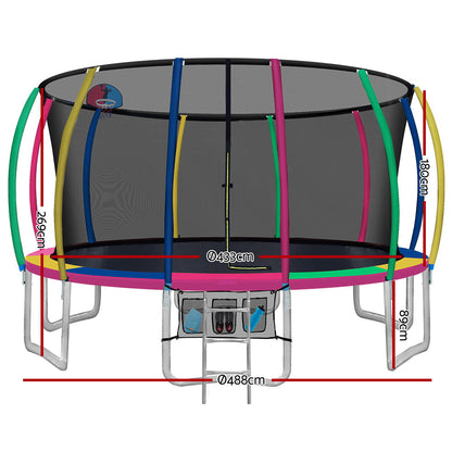 Everfit 16FT Trampoline Round Trampolines With Basketball Hoop Kids Present Gift Enclosure Safety Net Pad Outdoor Multi-coloured