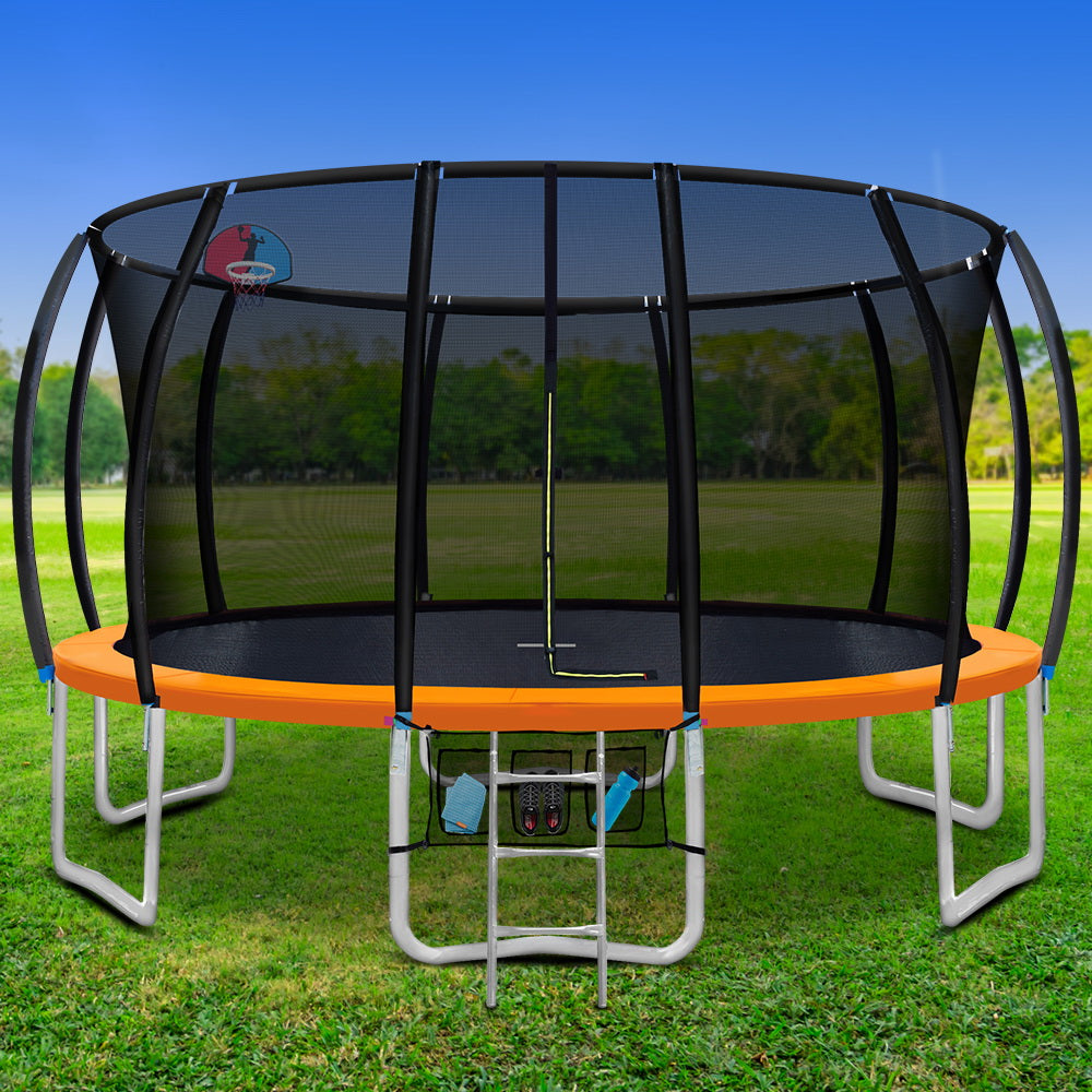 Everfit 16FT Trampoline Round Trampolines With Basketball Hoop Kids Present Gift Enclosure Safety Net Pad Outdoor Orange