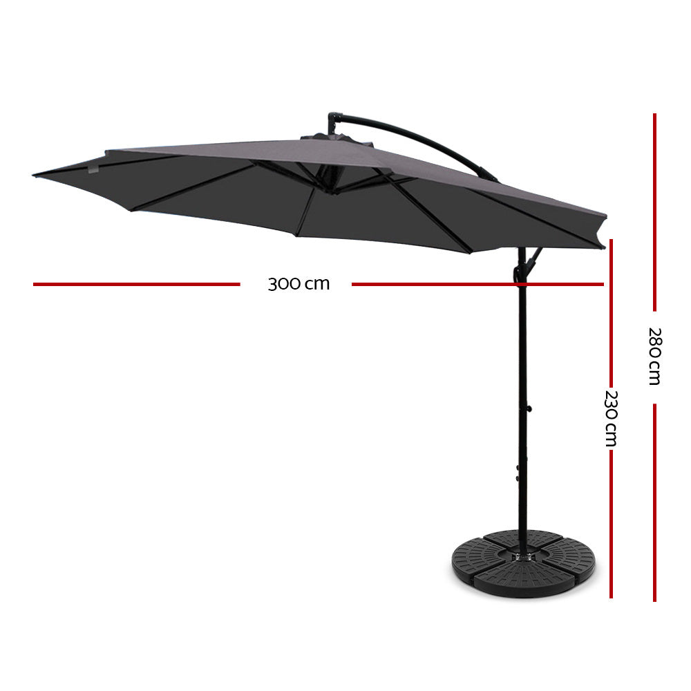 Instahut 3M Umbrella with 48x48cm Base Outdoor Umbrellas Cantilever Sun Beach Garden Patio Charcoal