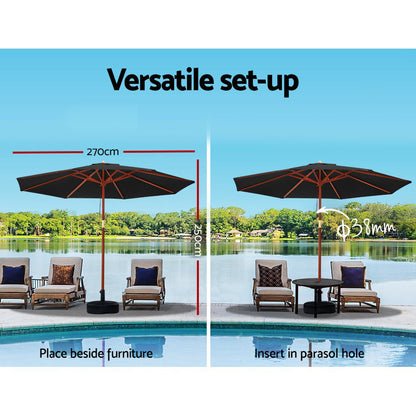 Instahut Outdoor Umbrella 2.7M with Base Pole Umbrellas Garden Stand Deck Black