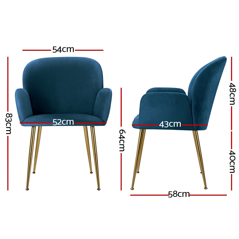 Artiss  Set of 2 Kynsee Dining Chairs Armchair Cafe Chair Upholstered Velvet Blue