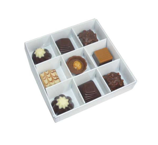 100 Pack of White Card Chocolate Sweet Soap Product Reatail Gift Box - 9 bay 4x4x3cm Compartments  - Clear Slide On Lid - 12x12x3cm