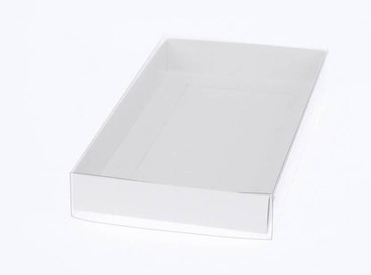 100 Pack of White Card Box - Clear Slide On Lid - 17 x 25 x 5cm -  Large Beauty Product Gift Giving Hamper Tray Merch Fashion Cake Sweets Xmas