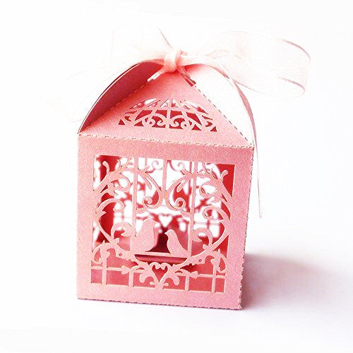 50 Piece Pack - Pink Dove Bird Heart Baby Birth naming Ceremony Bomboniere Favor Lolly Gift Card Box