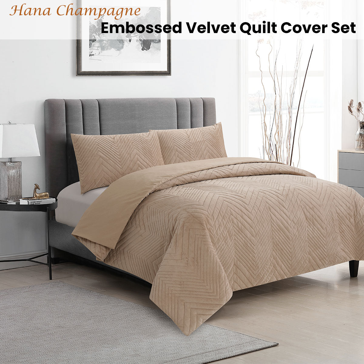 Ardor Hana Champagne Embossed Velvet Quilt Cover Set Queen
