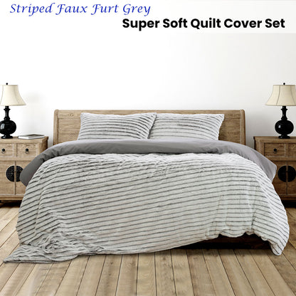 Ardor Striped Faux Fur Grey Super Soft Quilt Cover Set King