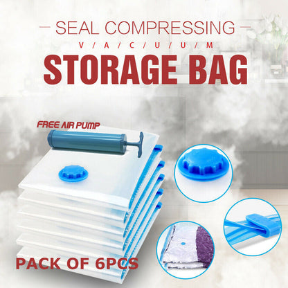 6 Pcs Set Vacuum Storage Bags Space Saver Seal Compressing Various Size with Air Pump